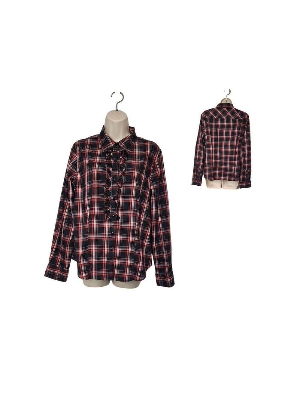 Talbots Jewel Button Front Red/Black Plaid Ruffle Front Long Sleeve Size 12